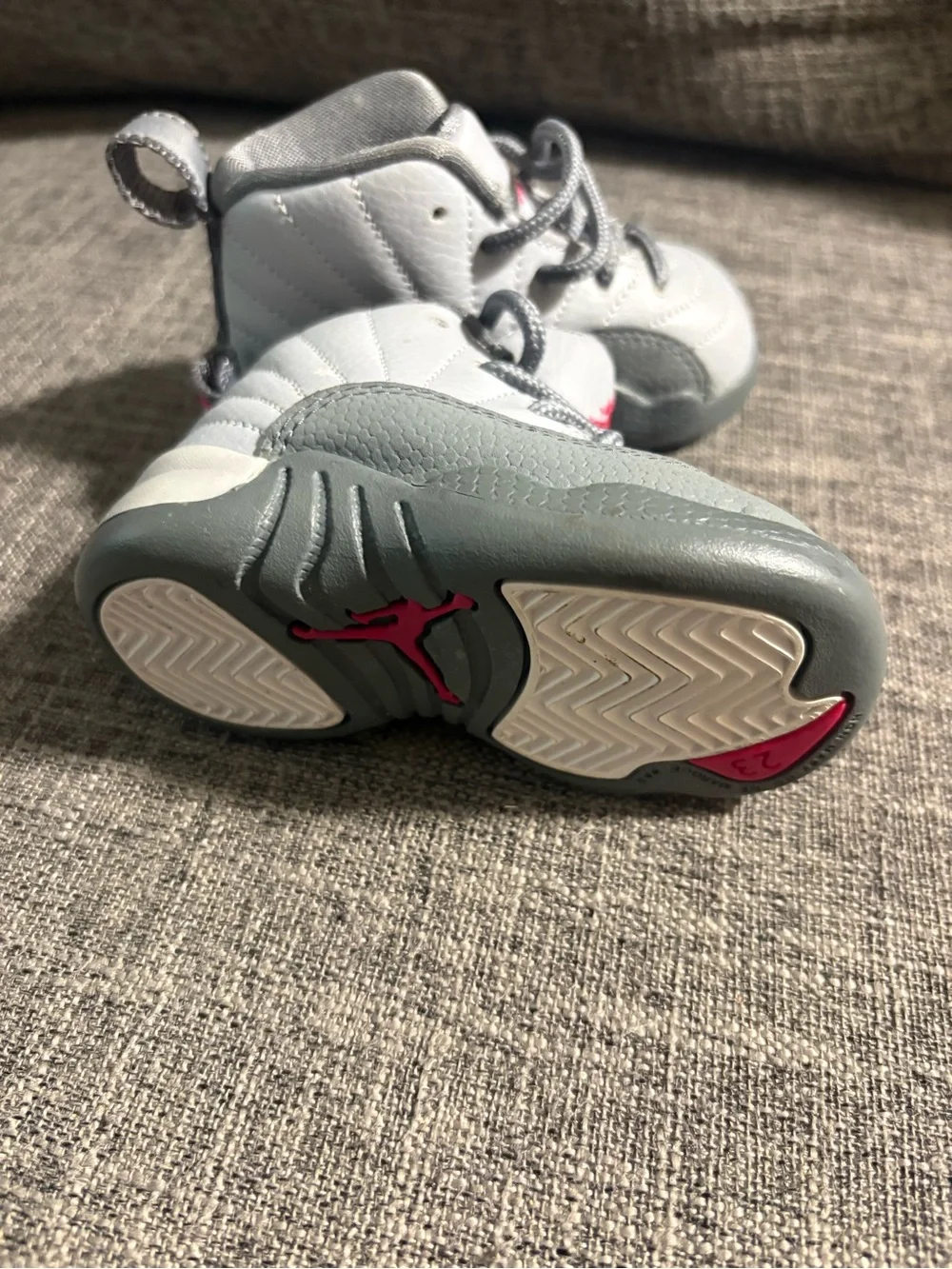 Air Jordan 12s Kids Grey and Pink Hardbottom Sneakers